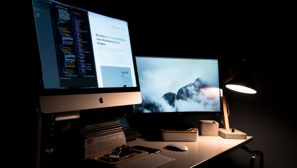 Espacio de trabajo con un sitio web abierto en un computador portátil