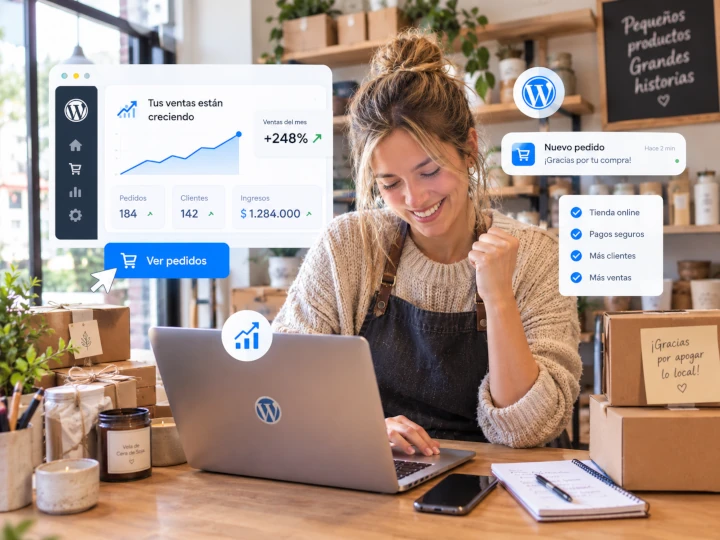 Emprendedora revisa ventas y pedidos de su tienda online en un computador